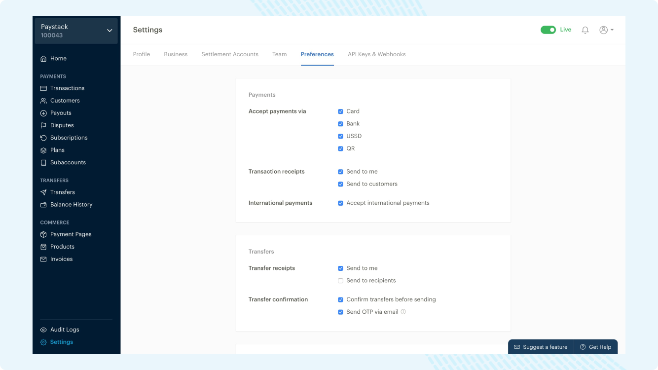 Preferences page